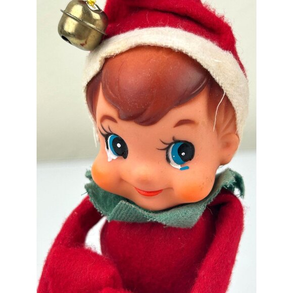 Vintage Rubber Face Knee Hugger Elf Figure Christmas Holiday Blue Eyes Bell READ - Picture 5 of 13
